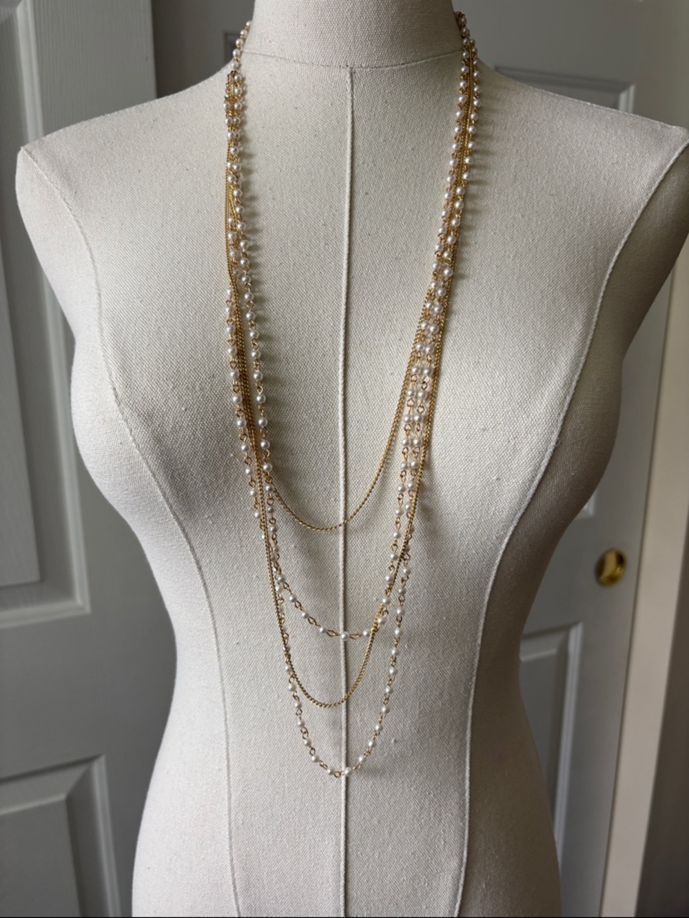1928 Vintage Gold Multi-Strand Pearl Station Necklace